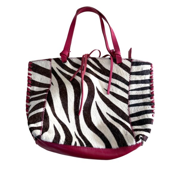 Bloomingdales Zebra Print Leather Tote Bag Whipstitch Detail Black Red Italy - Picture 1 of 6